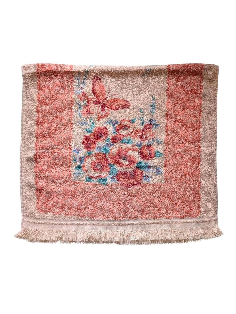 Vintage Bath Towel with Flowers & Butterflies